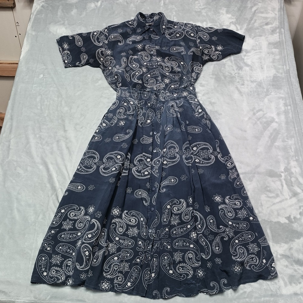 High Quality Fashion Skirt and top set  Women Medium Blue Paisley 100% Silk Down